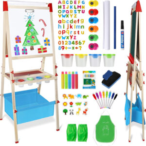 Easel for Kids Foldable Art Easels for Toddlers-Adjustable Standing Wooden Drawing Easel with Paper Roll-Magnetic Double Sided Whiteboard & Chalk board-130+pcs Accessories Easel for Kids 2-4 4-8 9-12
