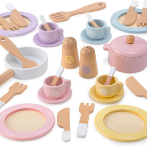 30 PCS Wooden Toy Plates and Dishes for Kids, Play Kitchen Accessories Set, Pretend Play Food Sets for Children Kitchen, Montessori Toys for Girls and Boys