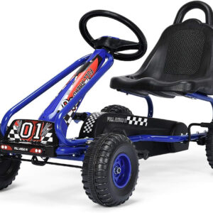 Costzon Go Kart for Kids, 4 Wheel Pedal Powered Go Cart with Adjustable Seat, Handbrake & Non-Slip Wheels, Outdoor Racer Ride On Pedal Car, Gift for Boys Girls (Blue)