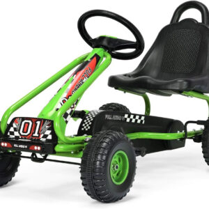 Costzon Go Kart for Kids, 4 Wheel Pedal Powered Go Cart with Adjustable Seat, Handbrake & Non-Slip Wheels, Outdoor Racer Ride On Pedal Car, Gift for Boys Girls (Green)
