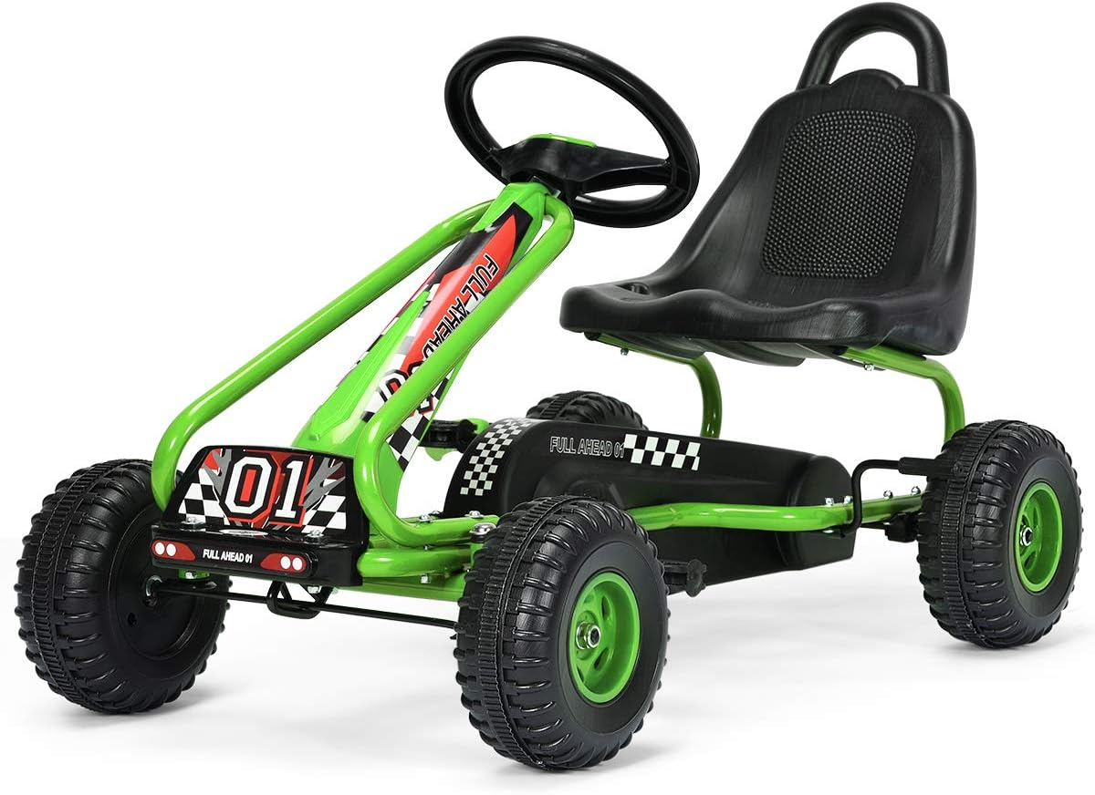 Costzon Go Kart for Kids, 4 Wheel Pedal Powered Go Cart with Adjustable Seat, Handbrake & Non-Slip Wheels, Outdoor Racer Ride On Pedal Car, Gift for Boys Girls (Green)