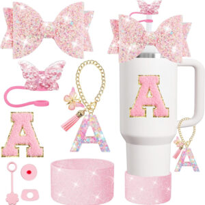 8PCS Stanley Cup Accessories Set for Stanley Cup 30oz 40oz Tumbler with Handle,Including Straw Topper Cover Cap and Boot,Spill Proof Stopper,Handle Charm,Initials Sticker (Pink A)