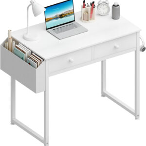 Lufeiya Small White Desk with Drawers - for Bedroom, 32 Inch Home Office Computer Desk with Fabric Storage Drawer and Bag, Study Writing Table for Small Spaces, White