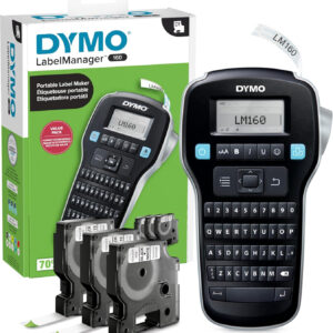 DYMO LabelManager 160 Portable Label Maker Bundle, Easy-to-Use, One-Touch Smart Keys, QWERTY Keyboard, Large Display, For Home & Office Organization, Includes 3 D1 Label Cassettes