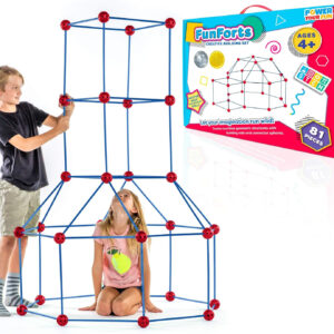 Power Your Fun Fun Forts Kids Tent for Kids - 81 Pieces Fort Building STEM Toys Kit, Construction Toys Play Tent Indoor and Outdoor Playhouse for Kids with 53 Rods and 28 Spheres (Red, Blue) 1 Pack