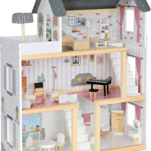 Lil' Jumbl Jumbl Kids Wooden Dollhouse, 17-Piece Accessories & Furniture are Included, with Balcony & Stairs, 3 Story Easy to Assemble Doll House Toy
