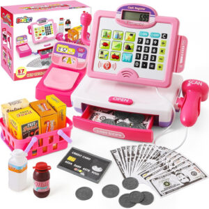 Pretend Play Calculator Cash Register Toy Gift for Kids Girls Age 3, 4, 5, 6, 7, 8+ Year Old, 57 Pcs Pink Grocery Store Playset, Incl Microphone, Credit Card, Scanner, Fake Food, Play Money for Kids