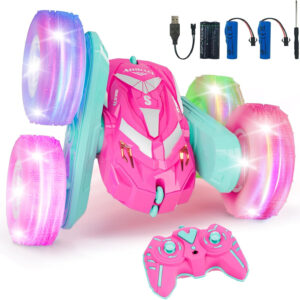 Remote Control Car for Girls 3-12 with Flashing Light, Toys 4 5 6 7 8 9 Years Old Girl Birthday Gifts Idea, RC Cars Stunt 4WD 2.4Ghz Double Sided 360° Flip, Present for Kids, Christmas, Pink