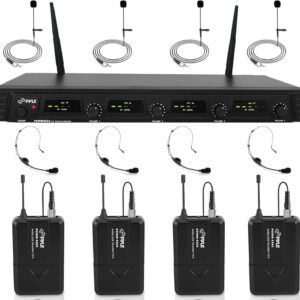 Pyle 4 Channel UHF Wireless Microphone System & Rack Mountable Base 4 Headsets, 4 Belt Packs, 4 Lavelier/Lapel MIC With Independent Volume Controls AF & RF Signal Indicators (PDWM4560),Black