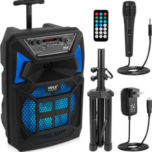 Pyle Portable Bluetooth PA Speaker System - 400W Outdoor Bluetooth Speaker Portable PA System w/Microphone in, Party Lights, MP3/USB SD Card Reader, FM Radio, Rolling Wheels - Mic, Remote - PPHP82SM