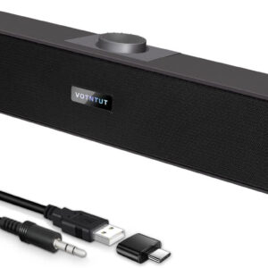 Computer Speakers, Wired USB Mini Sound Bar Speaker for PC Tablets Laptop MP3 Mac Air/Pro (USB-C to USB Adapter Included) (Black)