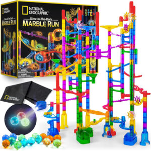 NATIONAL GEOGRAPHIC Glowing Marble Run – 250 Piece Construction Set with 50 Glow in The Dark Glass Marbles & Storage Bag, STEM Gifts for Boys and Girls, Building Project Toy (Amazon Exclusive)