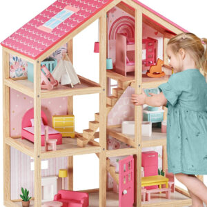 Tiny Land Wooden Dollhouse for Girls - 6 Rooms Wooden Doll House, DIY Pretend Dream House with 30Pcs Furniture Accessories, Gift for Girl Ages 3+