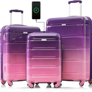 Merax 3pc Suitcases Luggage Sets with Cup Holder, ABS with TSA Lock and USB Port, Gradient Pink Purple, 20/24/28 Inch