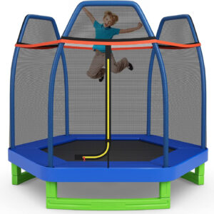 GYMAX Trampoline for Kids, 7FT Toddler Trampoline with Safety Enclosure Net & Seamless Spring Pad, Heavy Duty Small Indoor/Outdoor Trampoline for Boys, Girls Age 3+