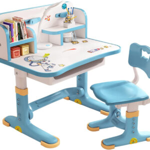 Small Desk, Standing Desk, Desk Chair Set, Widened Desktop Multi Separation Cartoon Pattern Desk Chair Set Kids Adjustable Height Study Table with Drawer Chair Set (Blue)