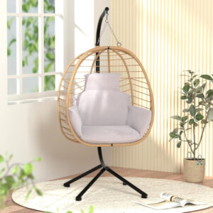 Hanging Egg Chair with Adjustable Stand,Wicker Rattan Hammock Swing Egg Chair with Cushion Headrest for Patio,Bedroom,Balcony Furniture,350LBS Capacity(Beige)