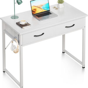 ODK Small Desk with Fabric Drawers- for Bedroom, White Vanity Desk with Storage, Home Office Computer Desk for Small Spaces, 32 Inch Modern Work Writing Study Table, White