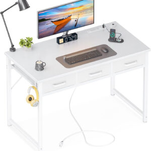 AODK 40 Inch Small Computer Desk with 3 Fabric Drawers, Office Desk with USB/Type-C Charging Ports & Power Outlets, Vanity Desk with Iron Hook for Bedroom, Study/Writing/Work Table for Bedroom, White