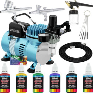 Master Airbrush Cool Runner II Dual Fan Air Compressor Airbrushing System Kit with 3 Professional Airbrushes, Gravity & Siphon Feed - 6 Primary Opaque Colors Acrylic Paint Artist Gift Set-How To Guide