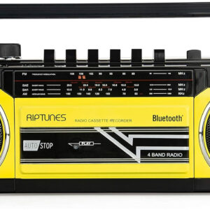 Riptunes Cassette Boombox, Retro Blueooth Boombox, Cassette Player and Recorder, AM/FM/SW-1-SW2 Radio-4-Band Radio, USB, and SD, Yellow