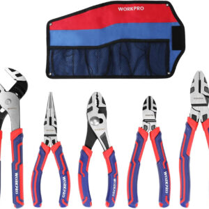 WORKPRO Pliers Set, Premium Cr-V Construction, Includes 6 Inch Slip Joint Pliers, 6 Inch Long Nose, 6 Inch Diagonal Cutting, 8 Inch Groove Joint, 7 Inch Linesman and Storage Pouch, for Basic Repair