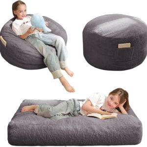 MAXYOYO Bean Bag Chair Bed for Kids, Convertible Bean Bag Folds from Lazy Chair to Floor Mattress Bed, Stuffed Floor Sofa Couch for Boys and Girls, High-Density Foam Filling, Dark Grey