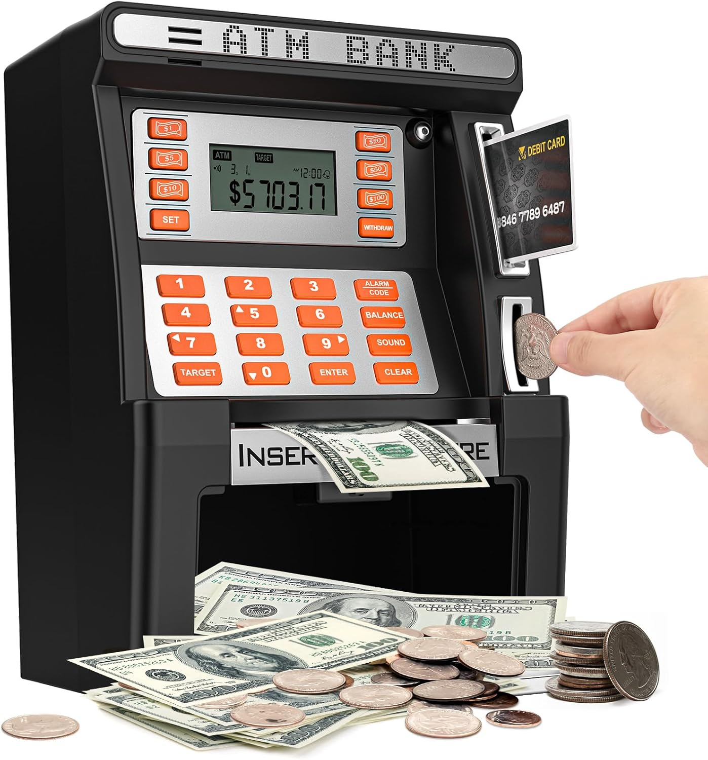 ATM Piggy Bank for Kids, Upgraded Power-Off Memory Function for Real Money Safe with Debit Card,Coin Recognition,Bill Feeder,Balance Calculator, Kids ATM Machine for Boys Girls