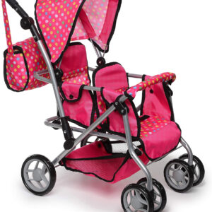 Twin Doll Stroller with Diaper Bag and Swivel Wheels & Adjustable Handle - Pink & Polka Dot Design