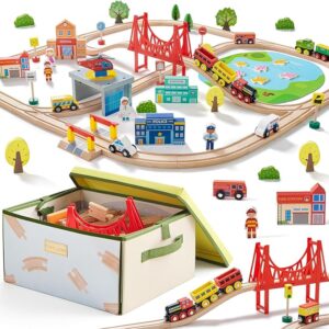 Tiny Land 110pcs Wooden Train Set with Folding Storage Box, Wooden Train Track Toy for Boys & Girls, Age 3-7, Includes Convenient Storage