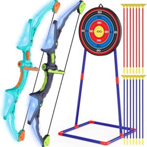 2 Pack Kids Bow and Arrow Set with LED Flash Lights, 14 Suction Cup Arrows and Fluorescence Standing Target-Perfect Indoor and Outdoor Game Archery Set Toy Gift for 4 5 6 7 8-12 Year Old Boys