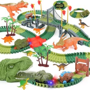 Dinosaur Track Toys for Kids - Best Birthday Gifts for 3 4 5 6 7 Year Old Boys, Flexible Race Car Track Set with Light & Sound, Create a Dino World Adventure