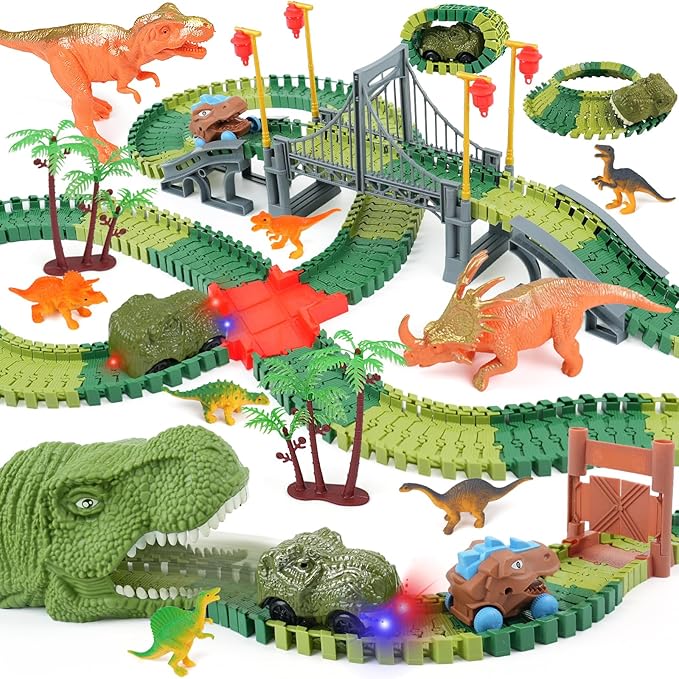 Dinosaur Track Toys for Kids - Best Birthday Gifts for 3 4 5 6 7 Year Old Boys, Flexible Race Car Track Set with Light & Sound, Create a Dino World Adventure