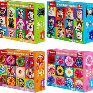 SYNARRY 100 Piece Puzzles for Kids Ages 4-6 6-8, Wooden 100 Piece Puzzle, 4 5 6 7 8 Year Old Puzzles for Kids Ages 4-8, Cat Dog Flower Donut Jigsaw Puzzle for 3+ Years Old Boys Girls