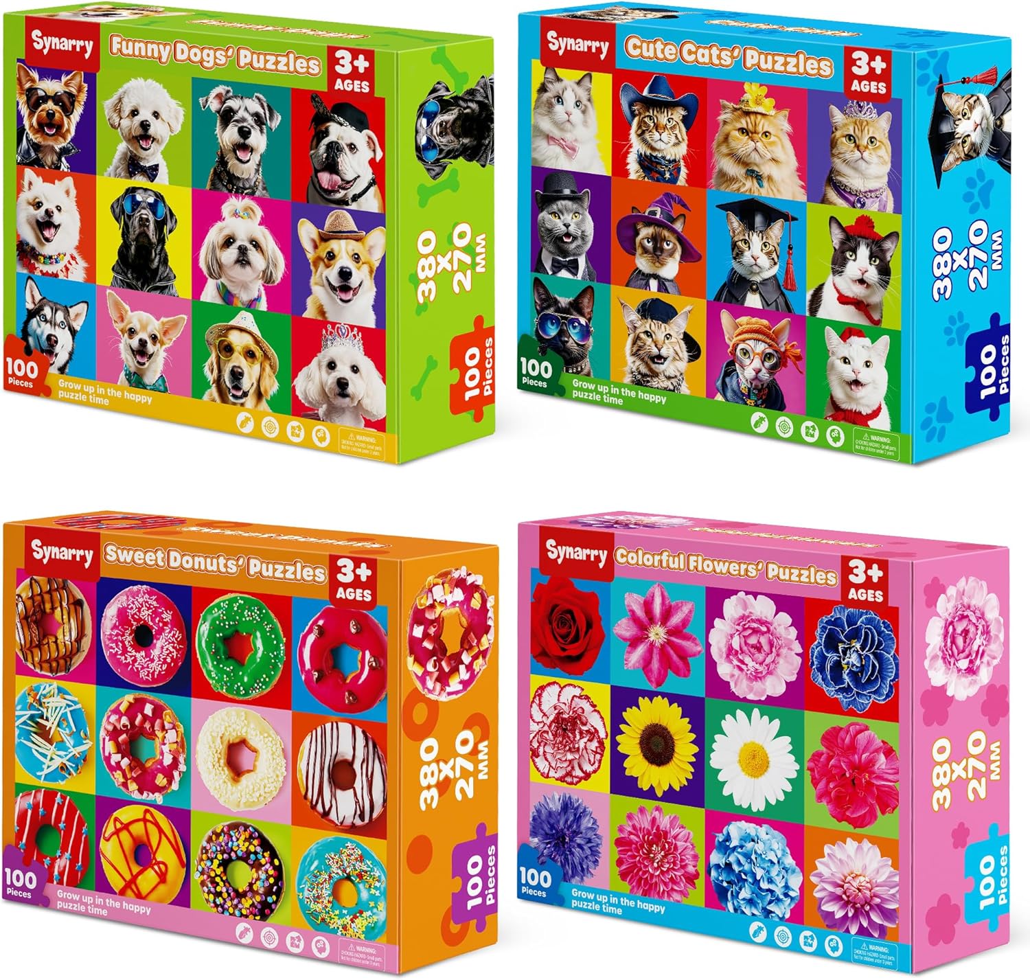 SYNARRY 100 Piece Puzzles for Kids Ages 4-6 6-8, Wooden 100 Piece Puzzle, 4 5 6 7 8 Year Old Puzzles for Kids Ages 4-8, Cat Dog Flower Donut Jigsaw Puzzle for 3+ Years Old Boys Girls