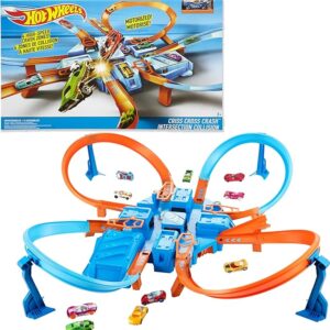 Hot Wheels Track Set with 1:64 Scale Toy Car, 4 Intersections for Crashing, Powered by a Motorized Booster, Criss-Cross Crash Track (Amazon Exclusive)