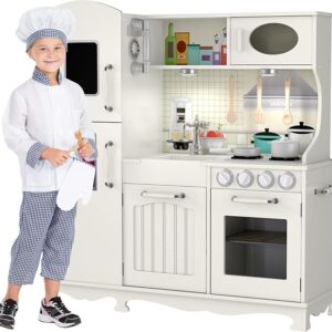Wooden Play Kitchen for Toddlers & Kids – Pretend Kitchen Set with Sink, Oven, Stove, Microwave, Lights & 9 Accessories – Durable Wooden Kitchen Toy for Ages 3–8 – by Kiddery Toys