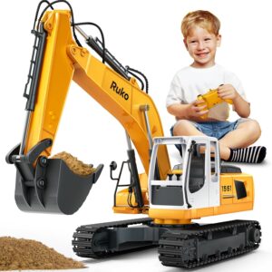 Ruko 1561 RC Excavator 3 in 1 Construction Toys for Boys, 17 Channel Remote Control Vehicles with Grab Alloy Shovel Drill, Realistic Lights & Sounds Digger Sandbox Gifts for 6-14 Years Kids Adults