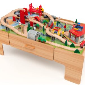 HONEY JOY Train Table, Wooden Kids Activity Table with Storage, 100 Multicolor Pieces, Tracks, Trains, Cars, Toddler Train Table Set with Reversible Tabletop, Gift for Boys Girls Age 3+, Natural