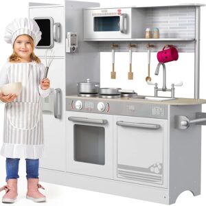 Play Kitchen - Wooden Kitchen Playset for Toddlers and Big Kids - Large Pretend Toy playset for Boys and Girls with Cooking Stove, Oven, Pots, Pans, Phone, Microwave, Fridge, Sink, Utensils - Ages 3-8