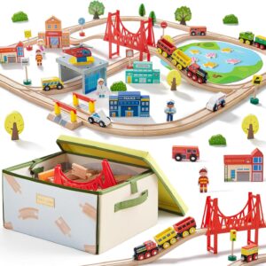 Tiny Land 110pcs Wooden Train Set with Folding Storage Box, Wooden Train Track Toy for Boys & Girls, Age 3-7, Includes Convenient Storage