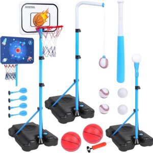 4 in 1 Kids Basketball Hoop, Basketball Hoop for Kids with Dart Board & T Ball Set & Hanging