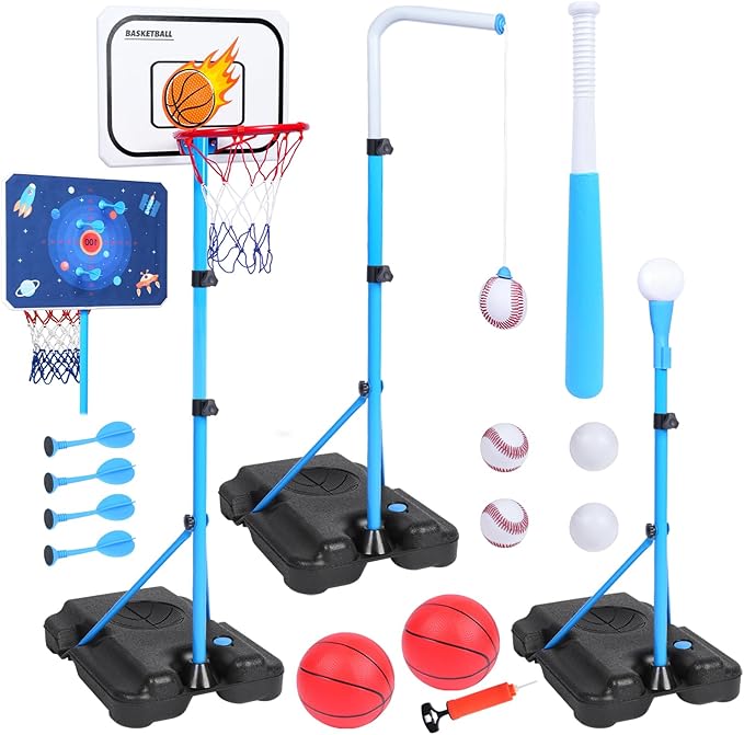 4 in 1 Kids Basketball Hoop, Basketball Hoop for Kids with Dart Board & T Ball Set & Hanging