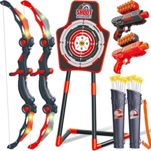 GMAOPHY 2 Pack Bow and Arrow Toy for 5 6 7 8 9 10 11 12 Year Old Boys, Birthday for Kids, Indoor Outdoor Sport Games Toys for Ages 4-8 8-12, LED Light Up Archery Set with 20 Toy Arrows (Red)