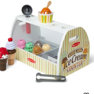 Melissa & Doug Wooden Scoop & Serve Ice Cream Counter, Pretend Play Store, 28 Toy Food & Play Kitchen Accessories, Preschool Toys for Girls & Boys 3+
