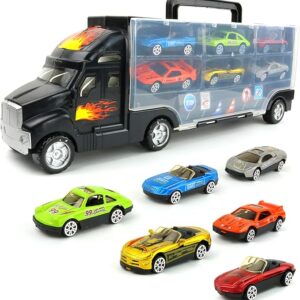 Big Mo's Toys Transport Car Carrier Truck - with 6 Stylish Metal Racing Cars - with Carrying Case
