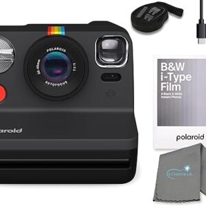 Polaroid Gen 2 Now I-Type Instant Film Camera - Black Bundle with a B&W i-Type Film Pack (8 Instant Photos) and a Cleaning Cloth