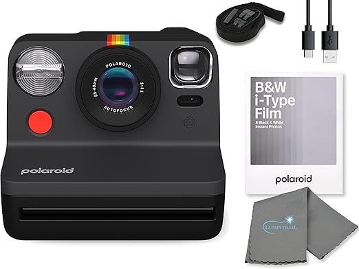 Polaroid Gen 2 Now I-Type Instant Film Camera - Black Bundle with a B&W i-Type Film Pack (8 Instant Photos) and a Cleaning Cloth