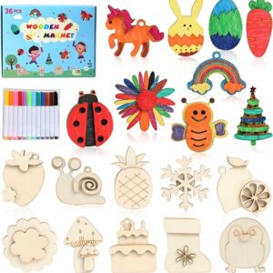 Worgree DIY Wooden Magnets, 36 pcs Wooden Art Craft Supplies Painting Kit for Kids Party Favors for Boys Girls Ages 4-8 8-12 Birthday Easter Crafts Gifts Toys Basket Goodie Bag Stuffers