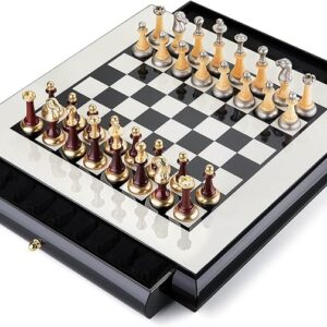 AMEROUS 16 Inches Wooden Chess Set, Large Size Board with 2 Built-in Storage Drawers - 2 Extra Queens - Metallic & Wooden Chess Pieces - Gift Packaging, Board Games for Adults and Kids